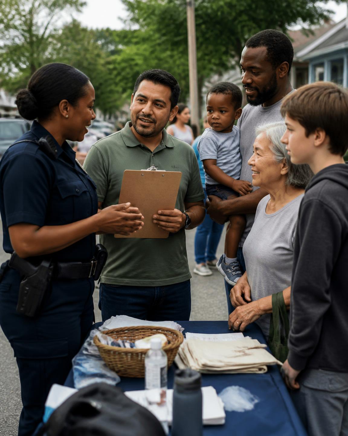 A uniformed community engagement officer and a civilian community leader working side by side with a diverse group of neighborhood residents at an outdoor community event